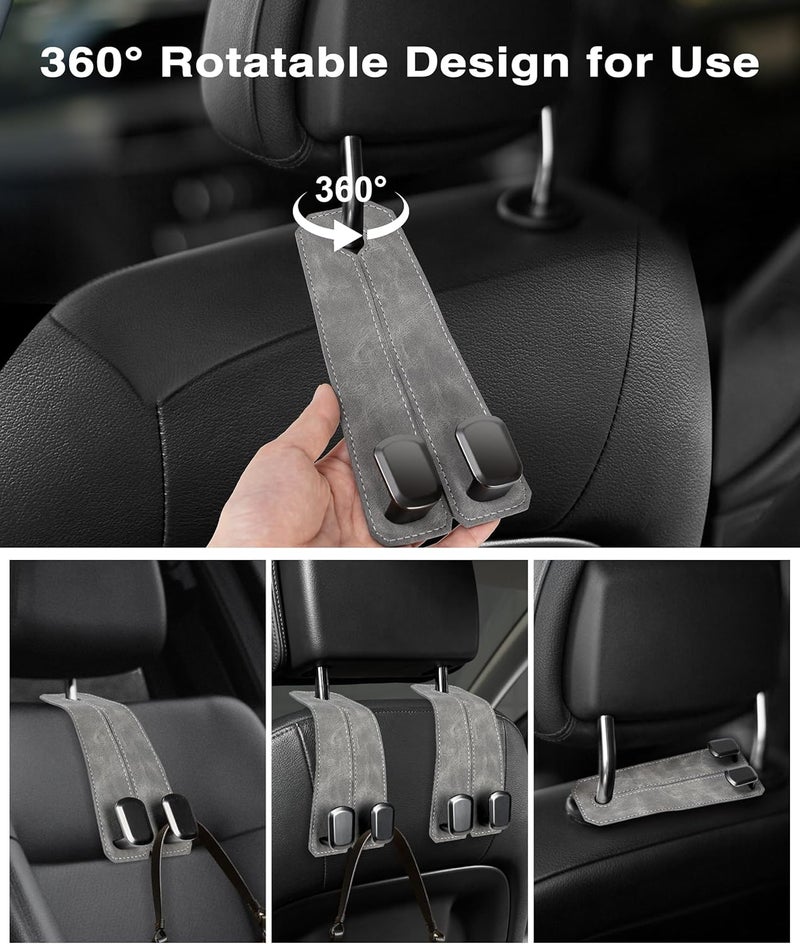 VETERBONE Car Purse Holder - Luxurious Leather, 4PCS Headrest Hooks with 100% Metal Hangers for Seat, Multifunctional Car Bag Hooks, Grey - Image 4